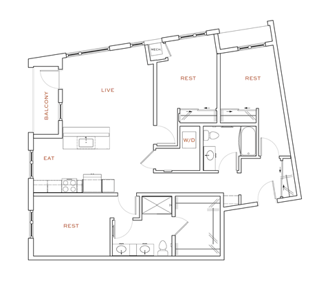 A floor plan of an apartment with a balcony, living room, dining room, kitchen, and two bedrooms.